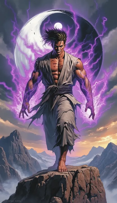 (masterpiece, best quality, highres, professional character illustration), dynamic composition. A tall, powerfully built young martial artist, exuding an aura of arrogant untamed power. He has handsome and mighty face, confident eyes, a wild arrogant smile...