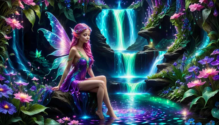 Shiny purple |Shiny pink|Shiny Turquoise Green|Shiny Cobalt Blue|Shiny Purple|blue waterfall amongst strange magic flowers, At night, glowing fairy lights , magic, High quality fairyland waterfall, Realistic Water, ripple, 8k,insanely detailed,so many flow...
