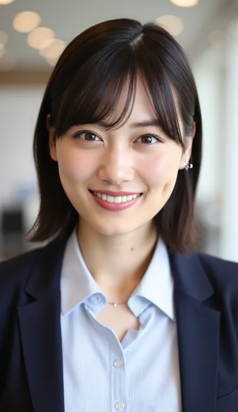 Neat Young Woman、and look at the camera、office lady suit、jacket、shirt、necklace、ear piercing、 、、smile showing teeth、、background is office
