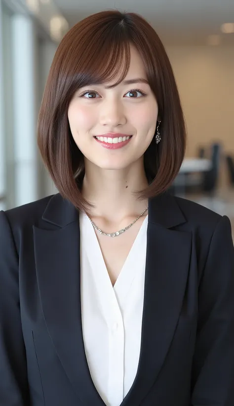 Neat Young Woman、and look at the camera、office lady suit、jacket、shirt、necklace、ear piercing、 pale brown hair、、smile showing teeth、、background is office