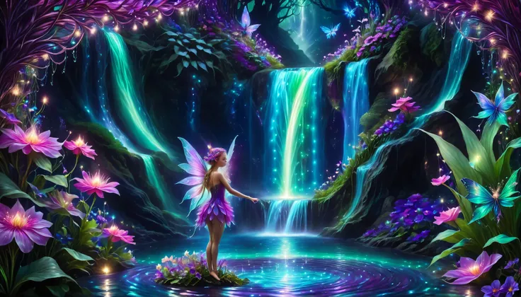 Shiny purple |Shiny pink|Shiny Turquoise Green｜Shiny Cobalt Blue|Shiny Purple｜blue waterfall amongst strange magic flowers, At night, glowing fairy lights , magic, High quality fairyland waterfall, Realistic Water, ripple, 8k,insanely detailed,so many flow...
