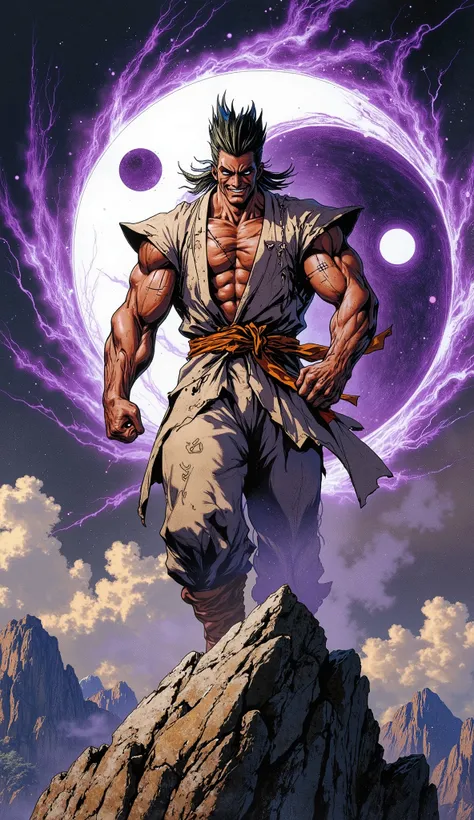 (masterpiece, best quality, highres, professional character illustration), dynamic composition. A tall, powerfully built young martial artist, exuding an aura of arrogant untamed power. He has handsome and mighty face, confident eyes, a wild arrogant smile...