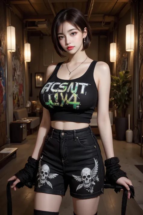 A high-resolution professional portrait photograph of an ul224ng style 23-year-old woman, with short pixie cut hairstyle, poses in front of a graffiti mural in Berlin, wearing edgy streetwear; urban art and industrial setting create a dynamic contrast—Sony...