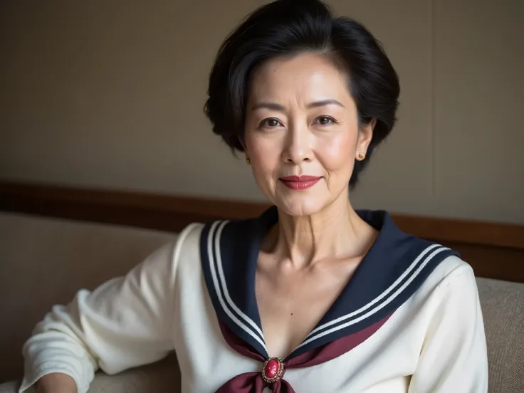 (Japanese Mature Woman), solo, age 70, seated on sofa in typical Japanese Western-style living room, full body visible including legs, glamorous makeup, classical roll up hairstyle like a Hollywood actress, narrow cat eye makeup, bright burgundy lips, matt...
