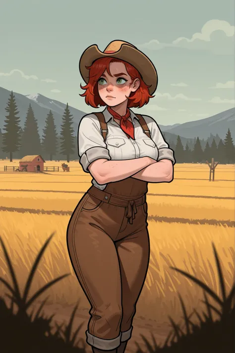 girl, alone in the foreground, in an idle pose, She has red hair, green eyes, freckles, Idaho, farmer outfit, abndoned dark ranch background