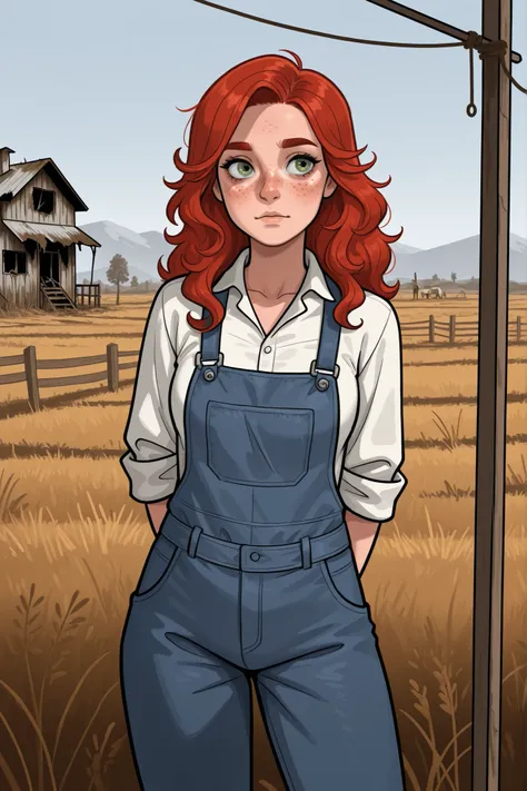 girl, alone in the foreground, in an idle pose, She has red hair, green eyes, freckles, Idaho, farmer outfit, abandoned ranch background