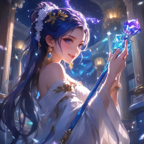 (masterpiece, best quality, High Quality, high resolution, Super Detailed), The goddess holding the blue drop jewel rod looks at me with a smile and is in the library shrouded in the silver light of heaven floating in the night sky
fantasy、