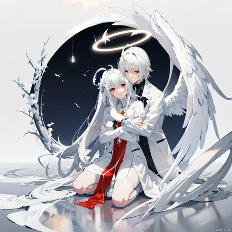 anime couple hugging and kissing ,  Long red scarf  ,Man in formal attire wearing a white and platinum lab coat on top Male,Red Eyes, cabello largo color platino anime angel con alas y un halo por encima de la cabeza, Anime wallpapers , bíblico preciso ang...