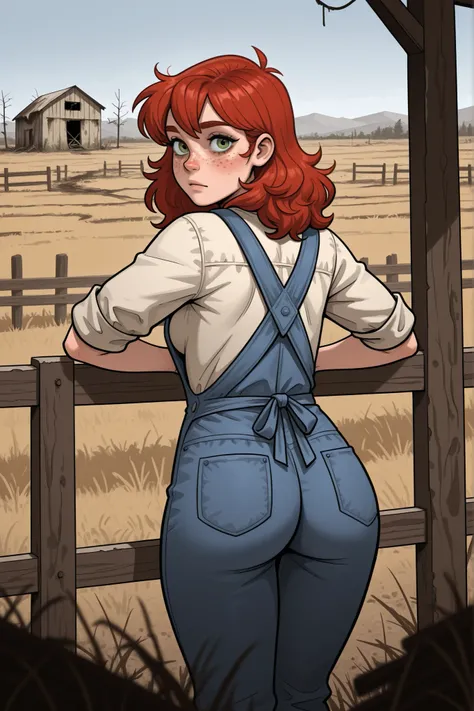 girl, alone in the foreground, in an idle pose, She has red hair, green eyes, freckles, Idaho, farmer outfit, abandoned ranch background. rear view
