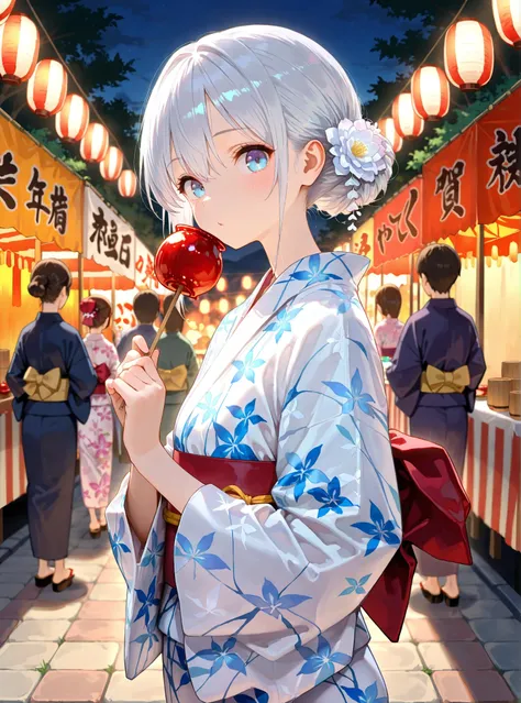 master piece,best quality,ultra detailed,ultra hires,32k,beautiful detailed face,beautiful detailed eyes,tea,looking at viewer,long silver hair,background is festival,yukata,having a Candy apple
