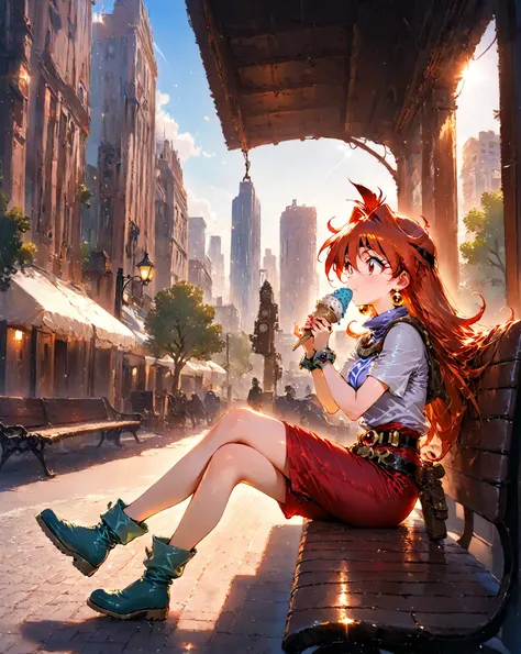 masterpiece, highly detailed, cinematic lighting, 4k quality, an older version of the character Lina Inverse from the 1990 anime The Slayers, sitting on a bench in a modern-day city, eating ice cream and enjoying the sun, perfect lighting on a beautiful su...