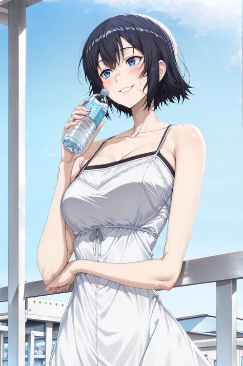 ((best quality)), ((masterpiece)), (detailed), perfect face, ((Best quality, 8k, Masterpiece:1.3)), Sharp focus, Highly detailed face and skin texture, Detailed eyes, Camisole dress, off-shoulder, short hair, cold plastic bottle on cheek, Blue sky, clear s...