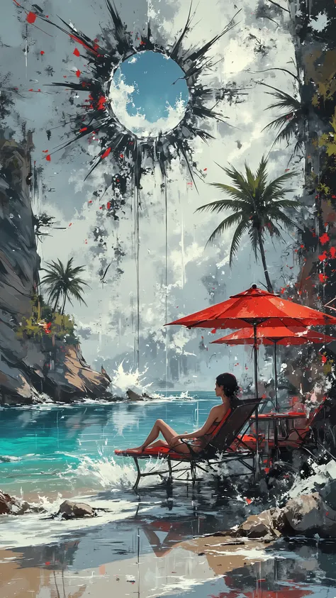 Kinematic 2K ultra-sharp scene: woman on a sun lounger, consisting of infinity many mirror reflections, fractal chrome fragments reveal recursive, glitchy seascapes in their shape, Hyper-realistic skin on the surface layer. above, A jagged crack in the sky...
