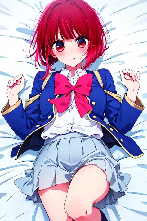 1 person, Arima, high school students, grey miniskirt, school uniform, white sheets, Lie on your back, embarrassing, Red cheeks, Seducing Men, Above the knee