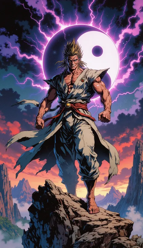 (masterpiece, best quality, highres, professional character illustration), dynamic composition. A tall, powerfully built young martial artist, exuding an aura of arrogant untamed power. He has handsome and mighty face, confident eyes, a wild arrogant smile...