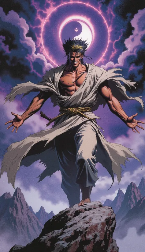 (masterpiece, best quality, highres, professional character illustration), dynamic composition. A tall, powerfully built young martial artist, exuding an aura of arrogant untamed power. He has handsome and mighty face, confident eyes, a wild arrogant smile...