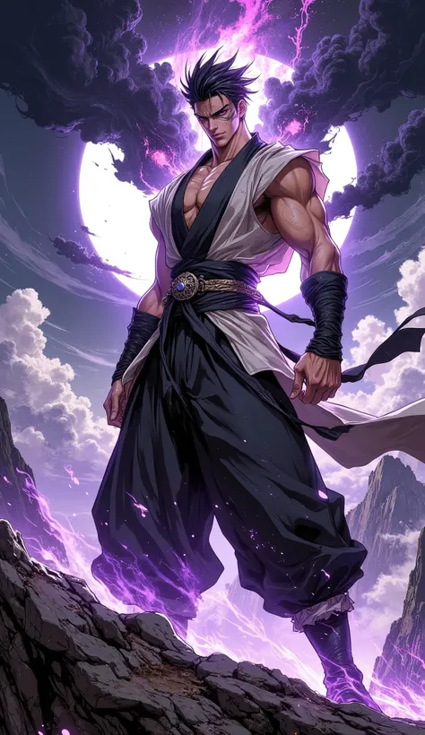 (masterpiece, best quality, highres, professional character illustration), dynamic composition. A tall, powerfully built young martial artist, exuding an aura of arrogant untamed power. He has handsome and mighty face, confident eyes, a wild arrogant smile...