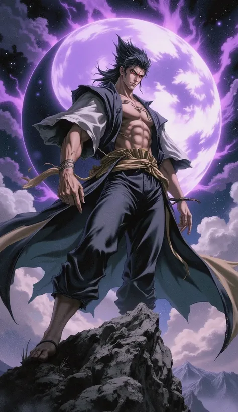 (masterpiece, best quality, highres, professional character illustration), dynamic composition. A tall, powerfully built young martial artist, exuding an aura of arrogant untamed power. He has handsome and mighty face, confident eyes, a wild arrogant smile...