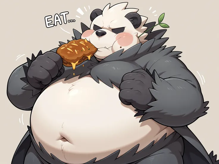 fat fat pangoro with a big belly, ((eats a lot of food)), ((thick face and cheeks)), ((fat hands)), forcefully shoves a lot of food into his mouth with his own hands