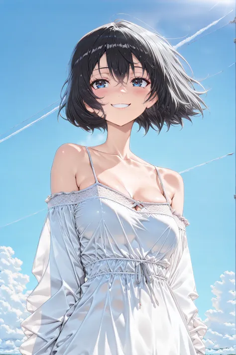 ((best quality)), ((masterpiece)), (detailed), perfect face, ((Best quality, 8k, Masterpiece:1.3)), Sharp focus, Highly detailed face and skin texture, Detailed eyes, Camisole dress, off-shoulder, short hair, Blue sky, clear skies, summer days, A smile of ...