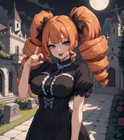 score_9, score_8_up, score_7_up, source_anime, solo, pixel art, mega twin drills, big hair BREAK 

Orange hair, blue eyes, large breasts, hips BREAK 

Gothic dress, black dress, puffy sleeves, short sleeves, black lipstick, (pale skin) BREAK 

Looking at v...