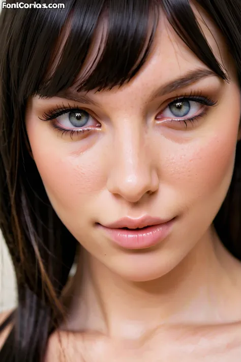 Create a masterpiece. A close-up of a beautiful young woman's face. She has long, straight, black hair with straight bangs falling over her forehead. Her nose is perfectly proportioned, her eyes are large, almond-shaped, and expressive, and her lips are fu...