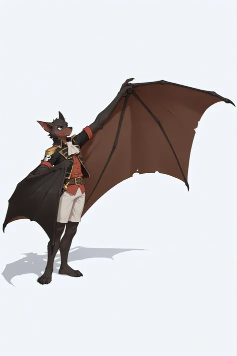 anthro bat, wearing a black and white pirate clothes, masterpiece, high quality, great Patagium arms wings, male, long snout, dark fur, grey eyes