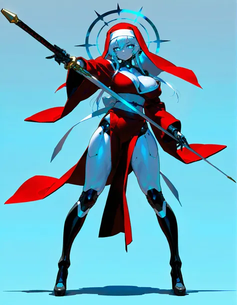 (((masterpiece))), (((Best Quality))), ((Ultra-detailed)), ((extremely delicate and beautiful)),solo, Full body, (phyrexian robotic female)(phyrexian android female) (mechanical undead lady) skin replaced with iron, (pale gold hair and glowing ultra-blue e...