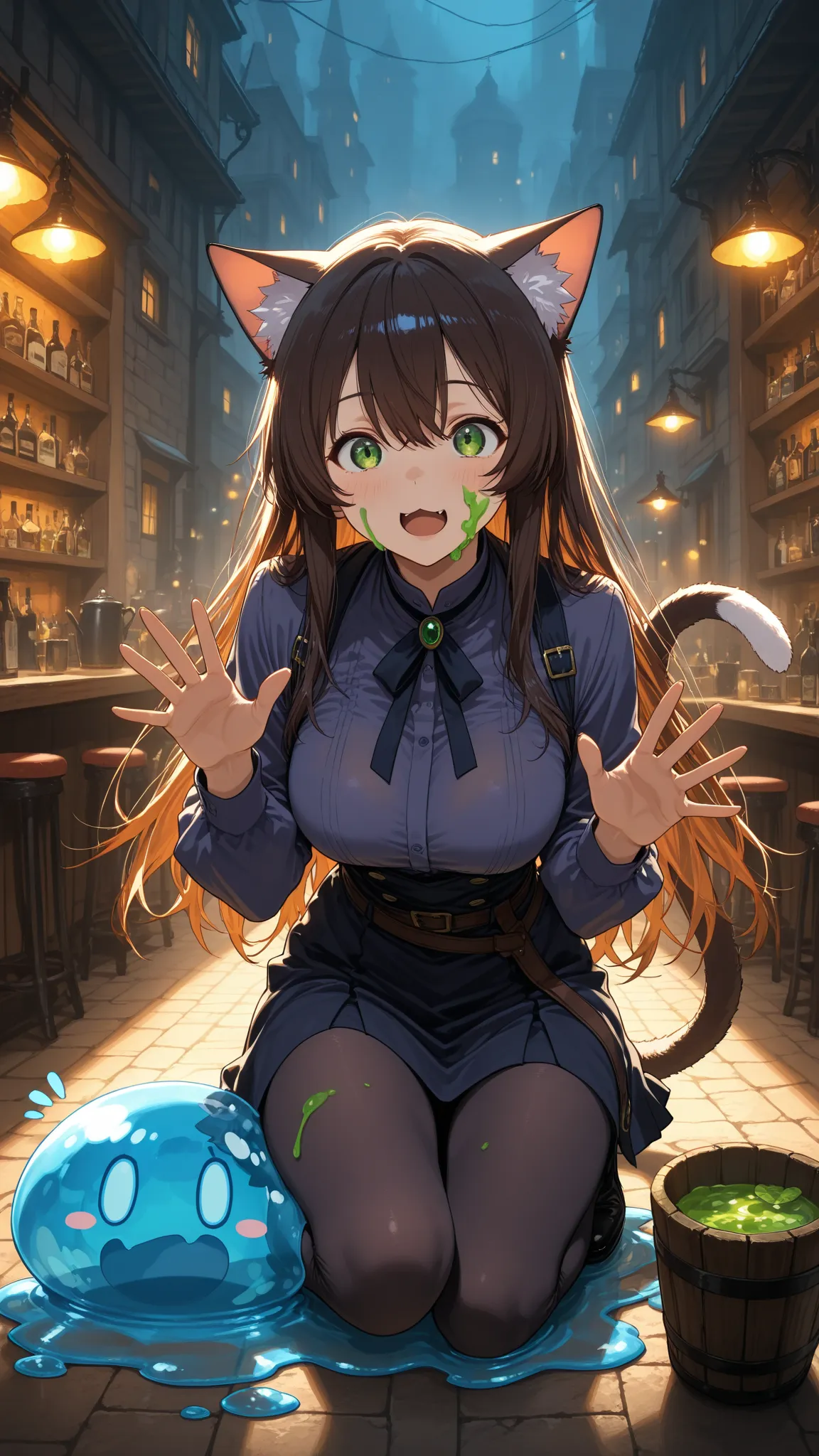 score_9, score_8_up, score_7_up, masterpiece, source_anime.4fingers,cat woman caught in slime,Slime is highly transparent, detail eyes,Irish ,the cat woman isbartender in a dimly lit, neon-lit bar, high resolution, detailed facial features, expressive pose, cinematic lighting, moody atmosphere, dark fantasy, luisap
