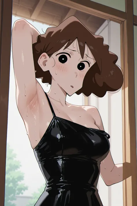 lora: misae nohara       dark brown hair        black eyes 　       sluty dress 　  armpit       focus on armpit 　　  gentle sunlight　   Japanese home environment 　　　(Sweat all over the body)