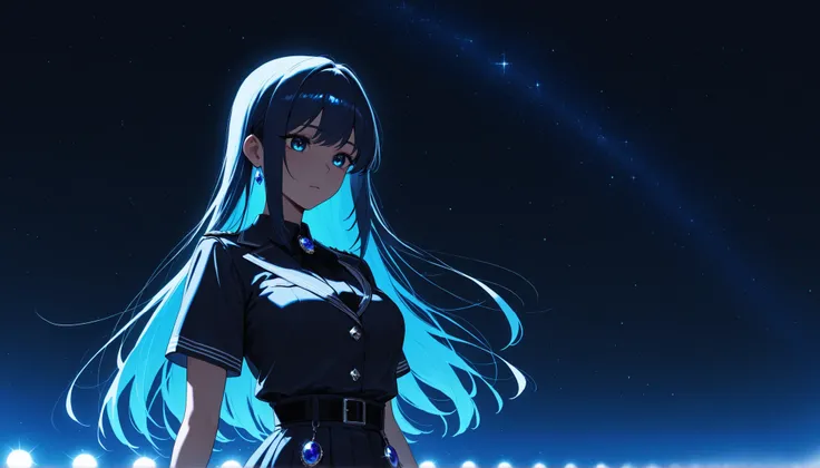 top quality, 8K, 4K, high resolution, high contrast,Japanese idol standing on an outdoor stage, short skirt, I'm wearing a dark blue jewel, You can see the starry sky,1girl, The upper body is visible, An adult woman with a sad expression, navy straight hai...