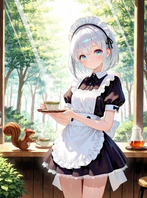 master piece,best quality,ultra detailed,ultra hires,32k,beautiful detailed face,beautiful detailed eyes,tea,looking at viewer,long silver hair,background is forest cafe, cafe clerk,pretty short sleeve maid costume,thin thighs,miniskirt, squirrel, sun rays