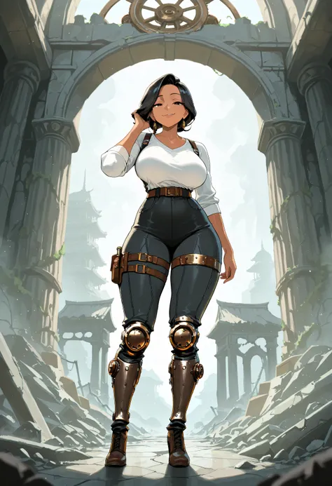
masterpiece, best quality, amazing quality, very aesthetic, high resolution, newest, hyper-detailed, (long shot), solo, 1girl mature woman, half-giant, black hair, short gang hair, african tan skin, smug smile, mechanic legs, steampunk legs,fighter clothe...