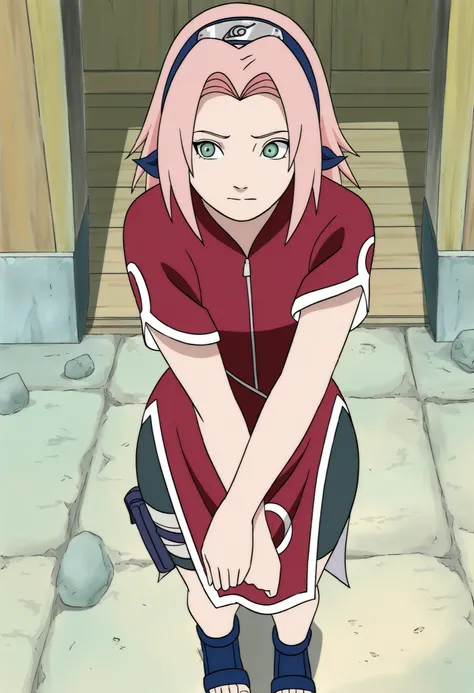 Sakura haruno, 1girl,solo, short hair, pink hair, green eyes,"Red sleeveless Chinese qipao with white trim and symbol, black shorts, black open-toe ninja sandals." ,1girl, haruno sakura, pink hair, long hair, green eyes, red shirt, red qipao, zipper, shor...