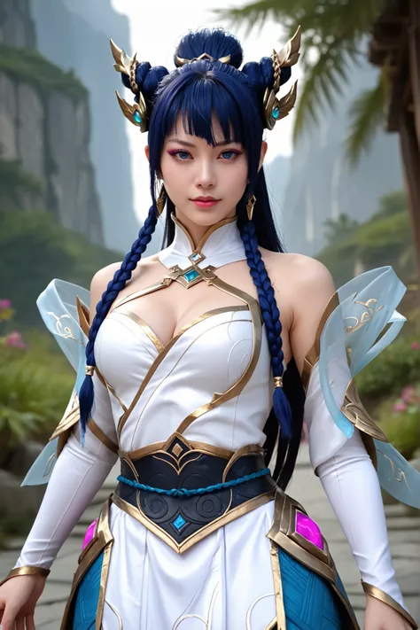 amazing quality, photorealistic, 1girl, IreliaDivineSPXL, The face of Juri Khan, Xinyan, blue eyes, blue hair, long hair, ponytail, twin braid, bangs, hair ornament, big breasts, bare shoulders, cleavage, white dress, detached sleeves, white sleeves, skirt