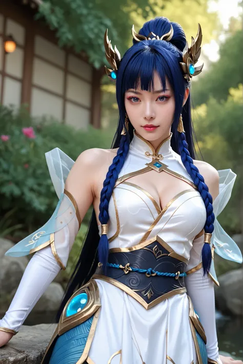 amazing quality, photorealistic, 1girl, Vietnamese, IreliaDivineSPXL, The face of Juri Khan, blue eyes, blue hair, long hair, ponytail, twin braid, bangs, hair ornament, big breasts, bare shoulders, cleavage, white dress, detached sleeves, white sleeves, s...