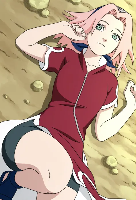 Sakura haruno, 1girl,solo, short hair, pink hair, green eyes,"Red sleeveless Chinese qipao with white trim and symbol, black shorts, black open-toe ninja sandals." ,1girl, haruno sakura, pink hair, long hair, green eyes, red shirt, red qipao, zipper, shor...