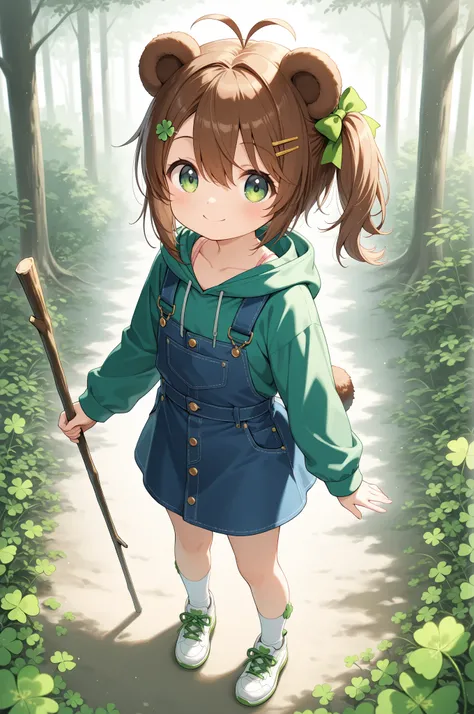 1girl, antenna hair, animal ears, animal tail, asymmetrical hair, bear ears, bear girl, bear tail, blue overalls, bra strap, brown hair, brown fur, clover hair ornament, collarbone, denim, green bow, green eyes, green hoodie, hair between eyes, hair bow, h...