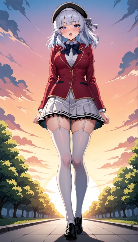  1girl, sakayanagi arisu, school uniform,, best quality, masterpiece, high quality,  highres, absurdres ,full body shot, walking ,sunset in school ,glossy lips ,blushing , open mouth ,large breast,from below