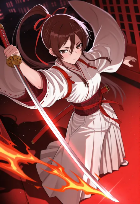 gokuto_style, masterpiece, sharp detail, intricate detail, 1girl, (Yamada Asaemon Sagiri), detailed eyes, sag1ri, long hair, brown hair, hair between eyes, sidelocks, high ponytail, hair ribbon, red ribbon, brown eyes, 
japanese clothes, white kimono, red ...