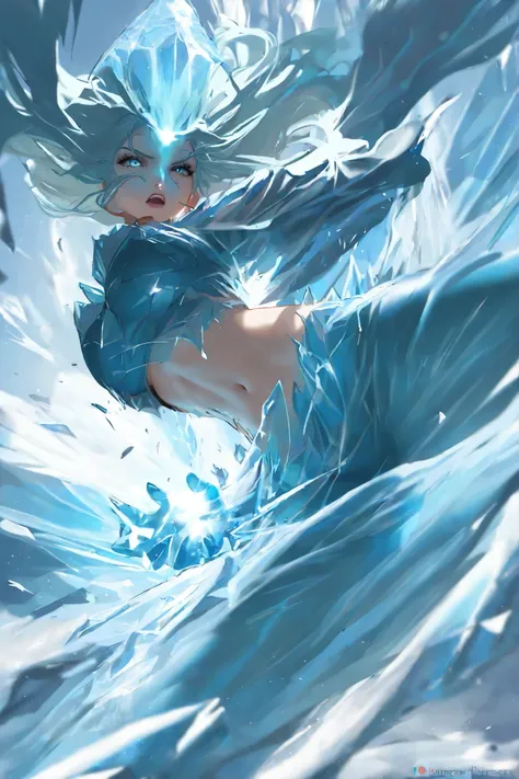 masterpiece, best quality,1 girl,best quality,heroic pose,dynamic angle,dynamic background,with epic ice effect,ice magic,magic ice explosion, everything frozen, ice spreading from the caster,ice is falling