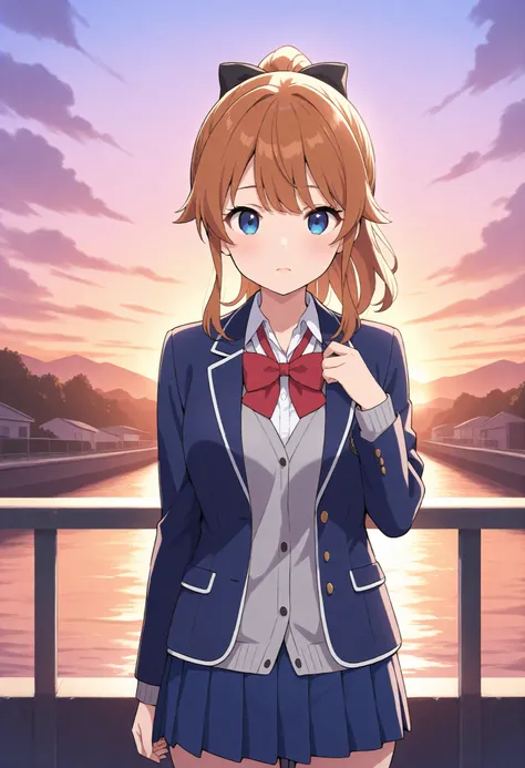score_9, score_8_up, score_7_up, source_anime, AkatsukiMinami,1girl, closed mouth,glossy lips, brown hair, blue eyes, ponytail, hair bow, black bow,MinamiSchool, school uniform, blue blazer, open jacket, collared shirt, grey cardigan, red bowtie, blue skir...