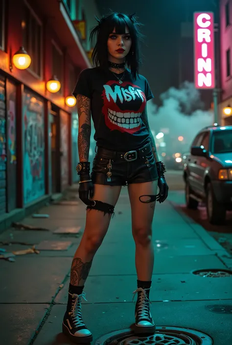Sexy artsy NYC graphic artist, Caucasian Norwegian girl, standing proudly, cute punk aesthetic, mini skirt, flashing ripped panties, titties, messy black hair, bangs lipstick, mascara, mismatched socks, thick soled sneakers, on the street, graffiti, manhol...