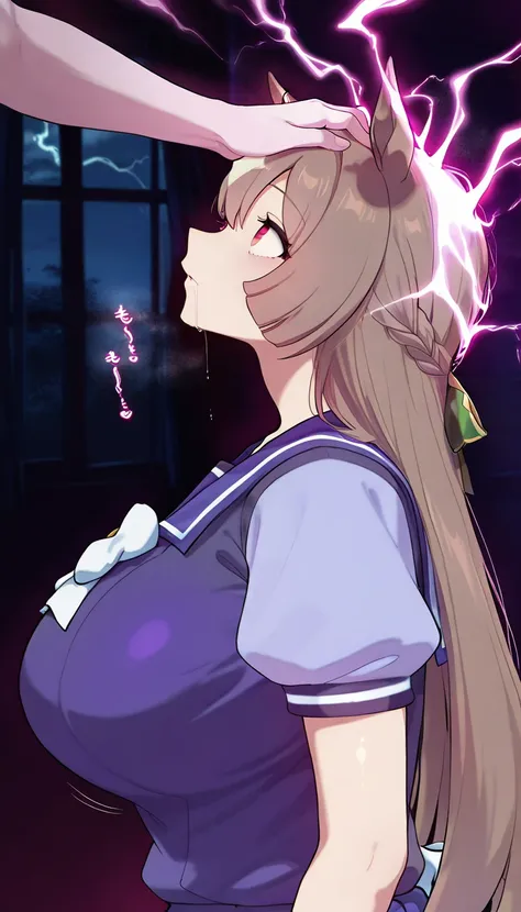 pov_hand,clothed_female_nude_male,(bouncing_effect),(glowing:1.3),((magic_hand, pink_lightning_magic,pink magic )),1girl,satono_diamond(umamusume) ,( tracen_school_uniform) ,dark room,((hands at sides,arms at sides)),prick one's finger ,masterpiece,best quality,amazing quality, 1girl, dark,night,(purple_magic_hand),from_side, red_eyes , shiny_eyes , profile, expressionless,lot drooling,empty eyes, ((hand_on_another's_head)),upper_body, Grabbing other people's heads,huge_breasts, look up , red pupils:1.3,((dot pupils:1.3)), detailed and intricate, masterpiece