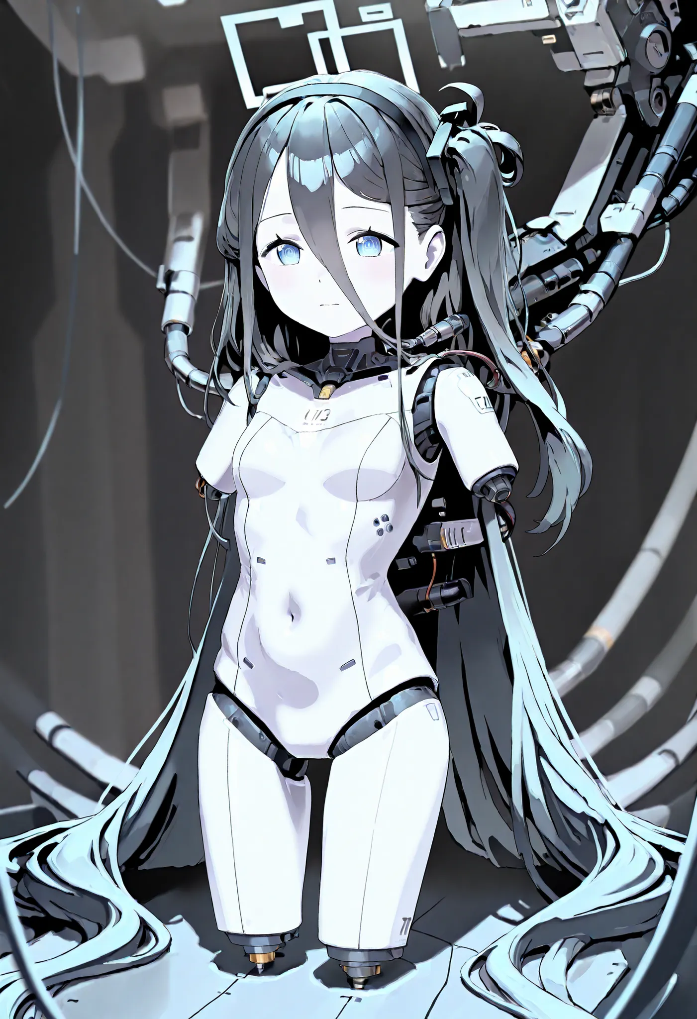 1girl, solo, android, cable, Machinery Parts, white skin, white bodysuit, Adjutant, robot, front shots, thighs, amputee arms, amputee legs, aris-default, aris \(blue archive\), blue eyes, one side up, black hair, absurdly long hair, hair between eyes, blac...