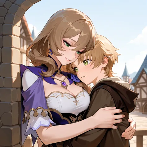 Love couple, older woman with younger man, Rudeus Greyrat and Lisa Genshin Impact, green eyes, medieval town and mountain, hugging each other, masterpiece, best quality, High resolution