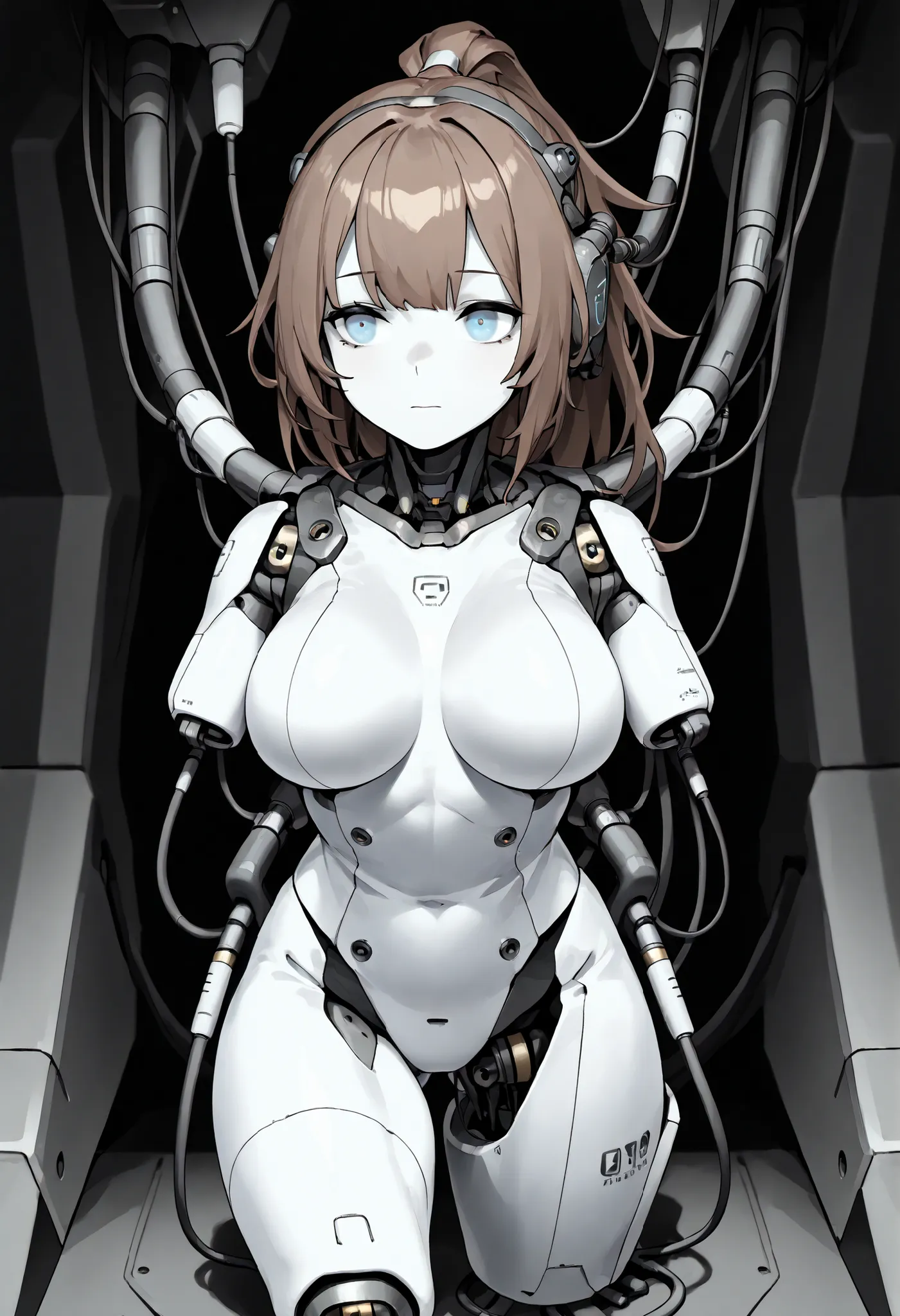 1girl, solo, android, cable, Machinery Parts, white skin, white bodysuit, Adjutant, robot, front shots, thighs, amputee arms, amputee legs, girls frontline, brown hair, ponytail, blue eyes, large breasts, 