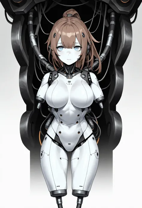 1girl, solo, android, cable, Machinery Parts, white skin, white bodysuit, Adjutant, robot, front shots, thighs, amputee arms, amputee legs, girls frontline, brown hair, ponytail, blue eyes, large breasts, 