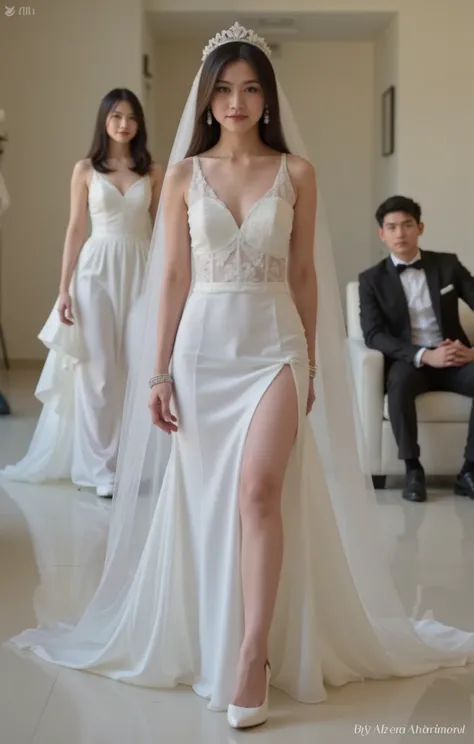 Tjia, 1 girl. young chiinese girl. high school,  open chest. medium hair. deep v-cut chest down to the belly. topless. midriff. tight. wedding shoes. deep v-cut bottom reveal sexy things. lace wedding dress. princess tiara and veil. medium hair, long large...