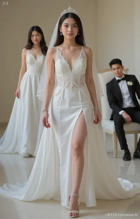  1 girl. high school,  open chest. medium hair. deep v-cut chest down to the belly. topless. midriff. tight. wedding shoes. deep v-cut bottom reveal sexy things. lace wedding dress. princess tiara and veil. medium hair, long large expanded veil. bracelets....